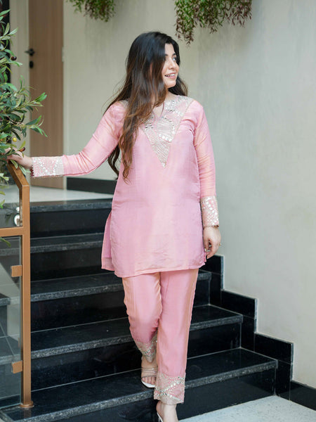 Women's Simmar Silk Mirror & Sequence Embroidered Kurta Palazzo Set