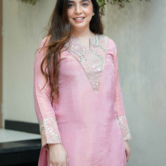 Women's Simmar Silk Mirror & Sequence Embroidered Kurta Palazzo Set