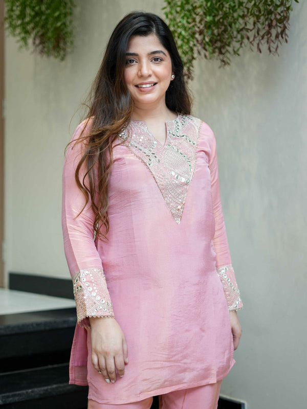 Women's Simmar Silk Mirror & Sequence Embroidered Kurta Palazzo Set