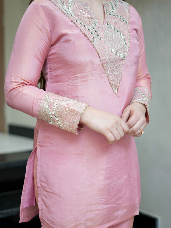 Women's Simmar Silk Mirror & Sequence Embroidered Kurta Palazzo Set