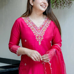 Women's Embroidered Viscose Chanderi Straight Kurta With Pant & Organza Dupatta Set