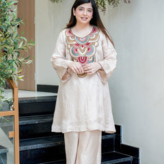 Women's French Crepe Embroidered Kurta Pant Set