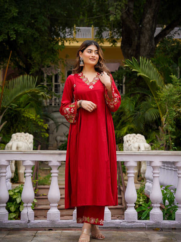 Women's Chanderi Silk Embroidered Kurta Pant & Organza Dupatta Set