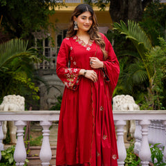 Women's Chanderi Silk Embroidered Kurta Pant & Organza Dupatta Set