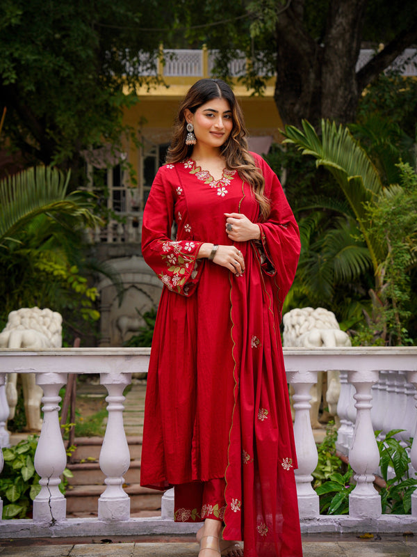 Women's Chanderi Silk Embroidered Kurta Pant & Organza Dupatta Set