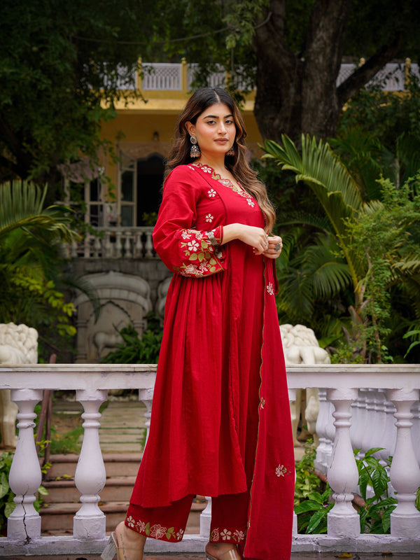 Women's Chanderi Silk Embroidered Kurta Pant & Organza Dupatta Set