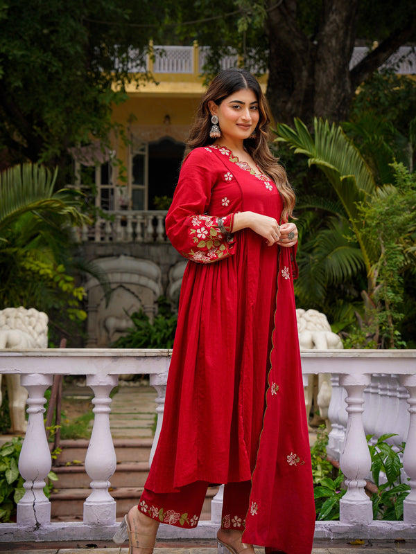 Women's Chanderi Silk Embroidered Kurta Pant & Organza Dupatta Set