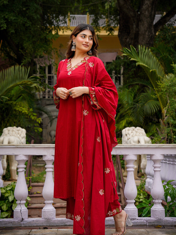 Women's Chanderi Silk Embroidered Kurta Pant & Organza Dupatta Set