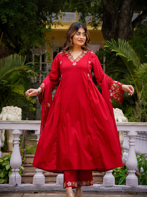 Women's Chanderi Silk Embroidered Kurta Pant & Organza Dupatta Set