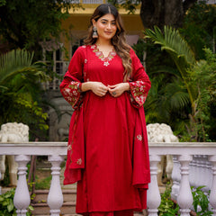 Women's Chanderi Silk Embroidered Kurta Pant & Organza Dupatta Set