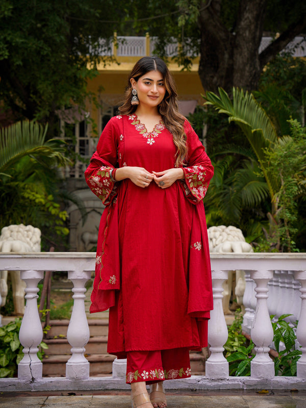 Women's Chanderi Silk Embroidered Kurta Pant & Organza Dupatta Set