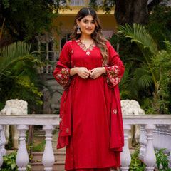 Women's Chanderi Silk Embroidered Kurta Pant & Organza Dupatta Set