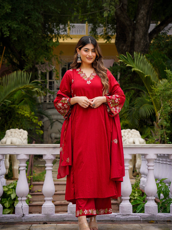 Women's Chanderi Silk Embroidered Kurta Pant & Organza Dupatta Set