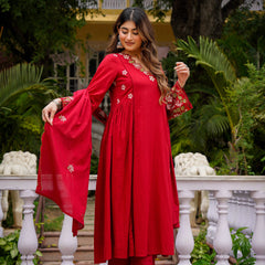Women's Chanderi Silk Embroidered Kurta Pant & Organza Dupatta Set