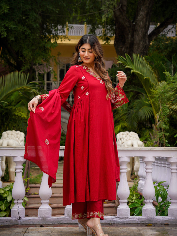 Women's Chanderi Silk Embroidered Kurta Pant & Organza Dupatta Set