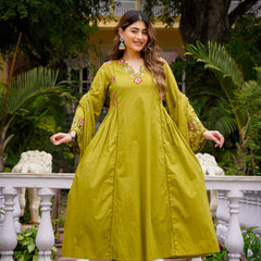 Women's Chanderi Silk Embroidered Kurta Pant & Organza Dupatta Set