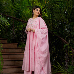 Women’s Chanderi Silk Embroidered Kurti With Bottom & Chanderi Dupatta Set