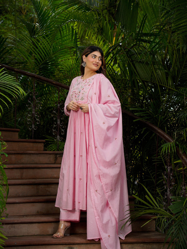 Women’s Chanderi Silk Embroidered Kurti With Bottom & Chanderi Dupatta Set