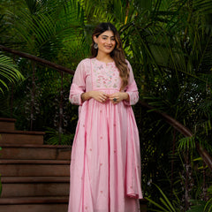 Women’s Chanderi Silk Embroidered Kurti With Bottom & Chanderi Dupatta Set