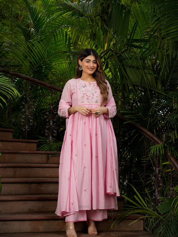 Women’s Chanderi Silk Embroidered Kurti With Bottom & Chanderi Dupatta Set