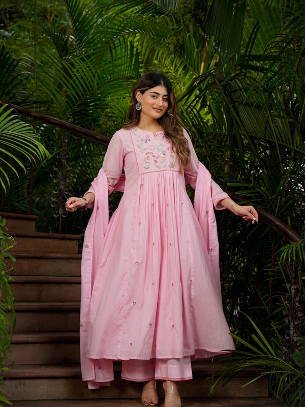 Women’s Chanderi Silk Embroidered Kurti With Bottom & Chanderi Dupatta Set