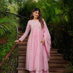 Women’s Chanderi Silk Embroidered Kurti With Bottom & Chanderi Dupatta Set