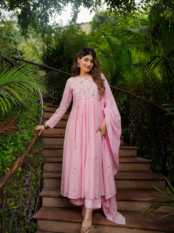 Women’s Chanderi Silk Embroidered Kurti With Bottom & Chanderi Dupatta Set
