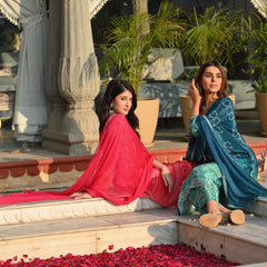 Women's Soft Chinnon Silk Position Printed Kurti with Pant & Nazmeen Dupatta Set