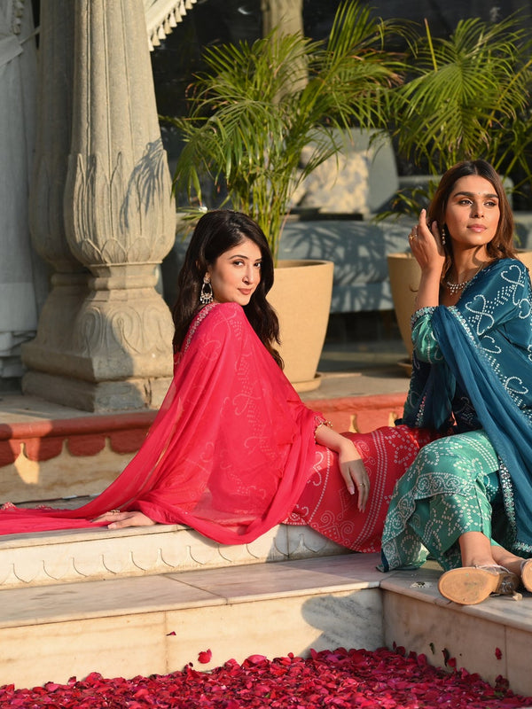 Women's Soft Chinnon Silk Position Printed Kurti with Pant & Nazmeen Dupatta Set