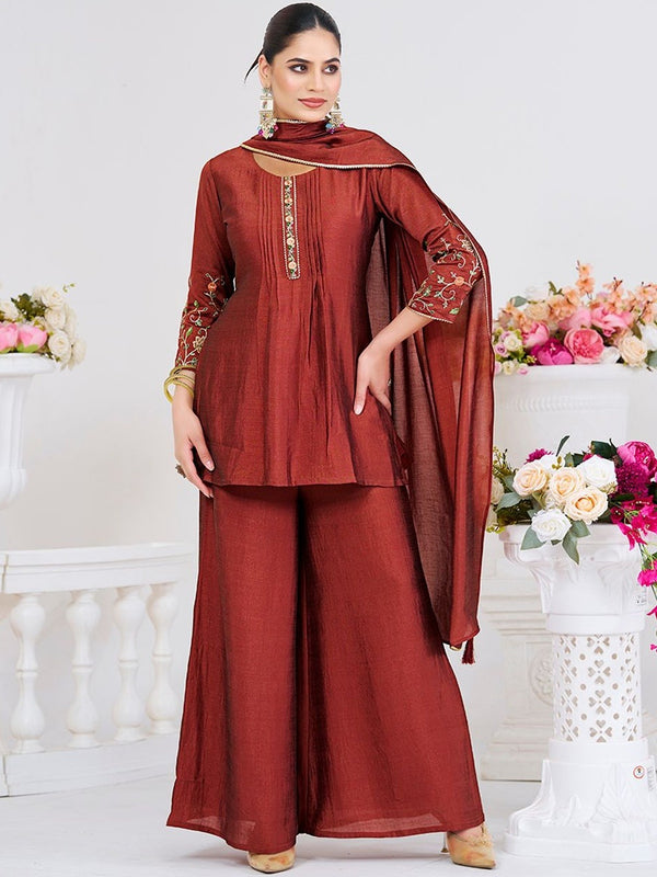 Women's Silk Straight Kurta Pant Set With Matching Silk Dupatta