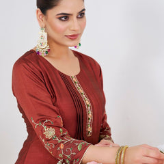 Women's Silk Straight Kurta Pant Set With Matching Silk Dupatta