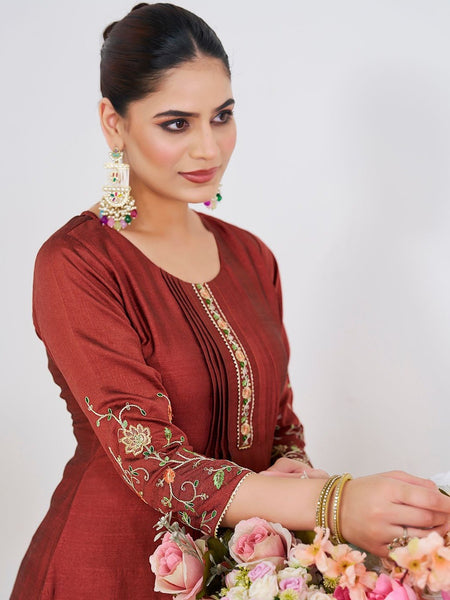 Women's Silk Straight Kurta Pant Set With Matching Silk Dupatta