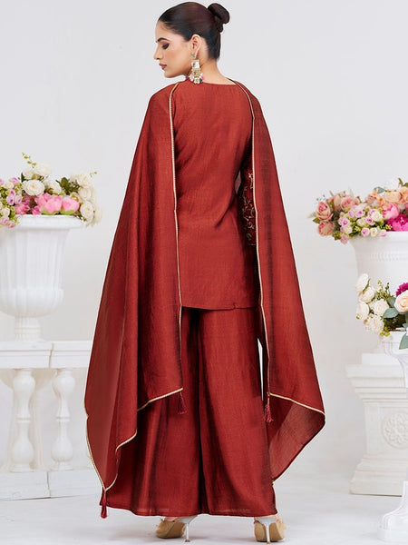 Women's Silk Straight Kurta Pant Set With Matching Silk Dupatta