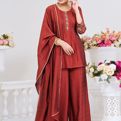 Women's Silk Straight Kurta Pant Set With Matching Silk Dupatta