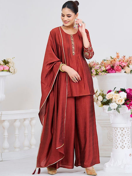 Women's Silk Straight Kurta Pant Set With Matching Silk Dupatta