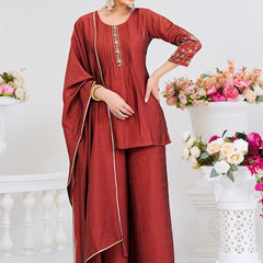 Women's Silk Straight Kurta Pant Set With Matching Silk Dupatta