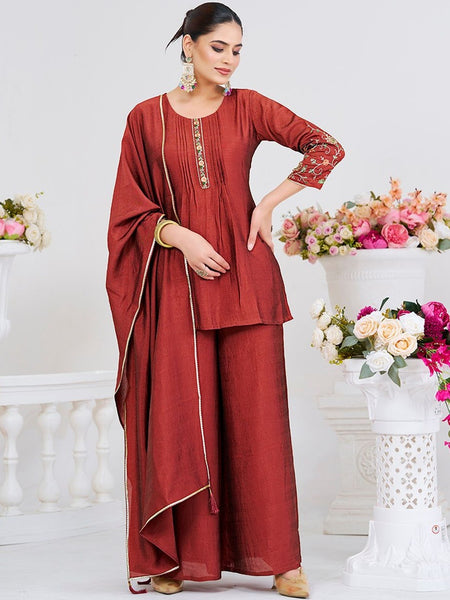 Women's Silk Straight Kurta Pant Set With Matching Silk Dupatta