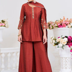 Women's Silk Straight Kurta Pant Set With Matching Silk Dupatta