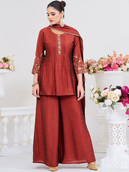Women's Silk Straight Kurta Pant Set With Matching Silk Dupatta