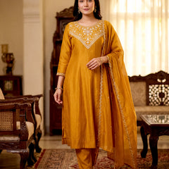 Women's Vichitra Silk Embroidered Anarkali Kurta Pant & Dupatta Set