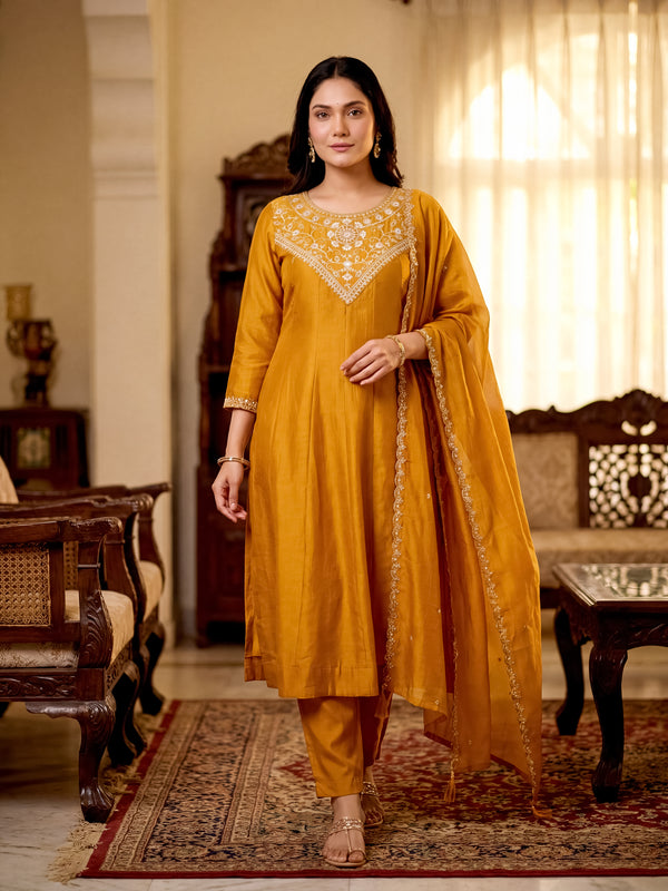 Women's Vichitra Silk Embroidered Anarkali Kurta Pant & Dupatta Set
