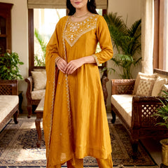 Women's Vichitra Silk Embroidered Anarkali Kurta Pant & Dupatta Set