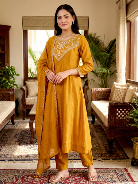 Women's Vichitra Silk Embroidered Anarkali Kurta Pant & Dupatta Set