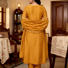 Women's Vichitra Silk Embroidered Anarkali Kurta Pant & Dupatta Set