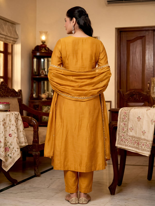 Women's Vichitra Silk Embroidered Anarkali Kurta Pant & Dupatta Set