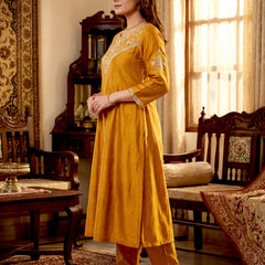 Women's Vichitra Silk Embroidered Anarkali Kurta Pant & Dupatta Set