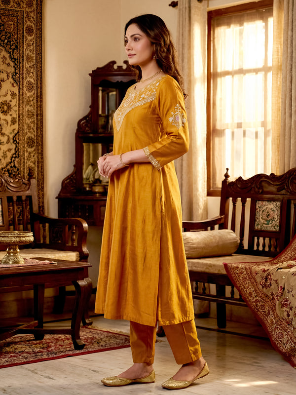 Women's Vichitra Silk Embroidered Anarkali Kurta Pant & Dupatta Set
