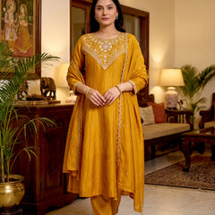 Women's Vichitra Silk Embroidered Anarkali Kurta Pant & Dupatta Set
