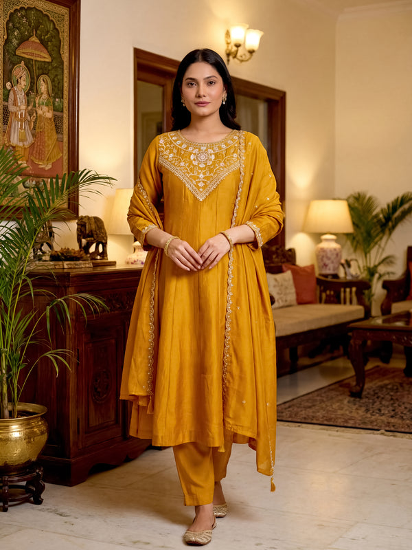 Women's Vichitra Silk Embroidered Anarkali Kurta Pant & Dupatta Set