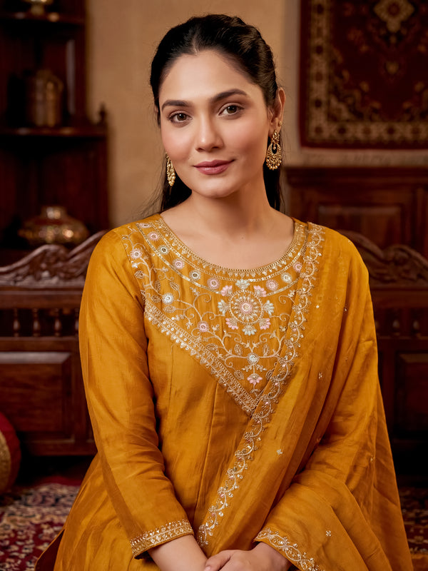 Women's Vichitra Silk Embroidered Anarkali Kurta Pant & Dupatta Set